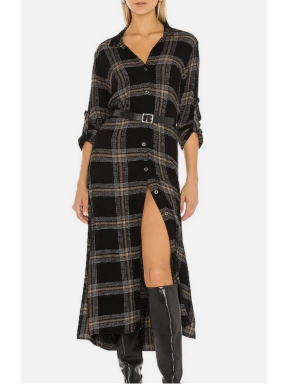 Cloth & Stone Black Plaid Button-Front Midi Shirt Dress